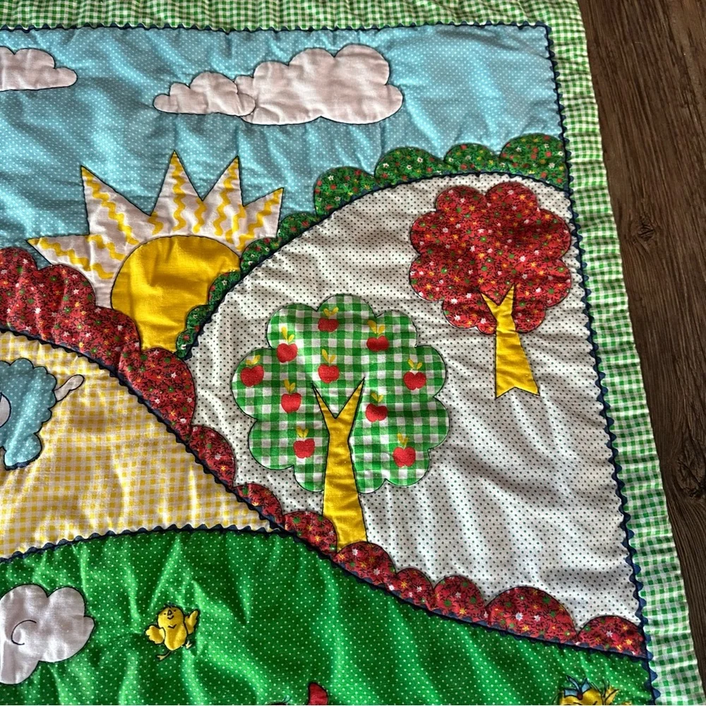 That's Our Baby green gingham lightweight quilt train flowers kids VINTAGE